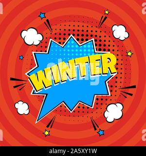 Comic Schriftzug Winter in den Sprechblasen Comic-stil flache Bauform. Dynamische Pop Art Vector Illustration isoliert auf Strahlen Hintergrund. Ausrufezeichen Con Stock Vektor