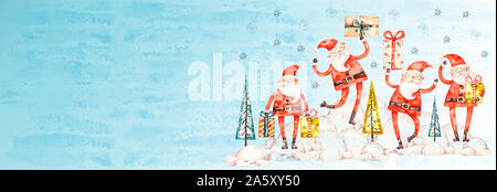 Aquarell Weihnachtsmann mit Geschenken und Weihnachtsbaum in der naiven kindlichen Stil, grußbanner Dekoration. Frohe Weihnachten und guten Rutsch ins neue Jahr aqarelle Stockfoto