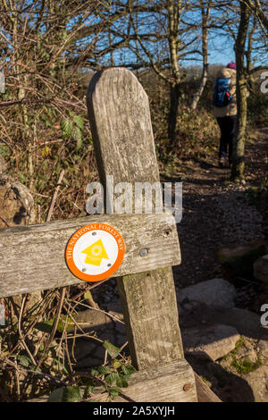 Runde' Der nationalen Wald Weg' Fußweg weg - Marker für Zaunpfosten mit Walker in Distanz, Ticknall, Derbyshire, England, Großbritannien Stockfoto