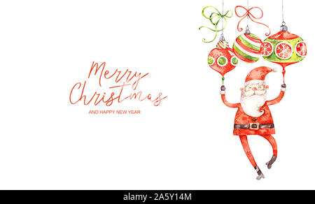 Frohe Weihnachten und guten Rutsch ins neue Jahr aquarell Banner. Baumschule aqarelle Santa Claus zu fliegenden Bälle, Gruß Banner auf weißem Hintergrund Stockfoto