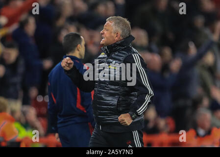 21. Oktober 2019, Bramall Lane, Sheffield, England; Premier League, Sheffield United v Arsenal: Chris Wilder Manager von Sheffield United stanzen die Luft als Sheffield United Arsenal 1-0 Credit: Mark Cosgrove/News Bilder gewinnen Stockfoto