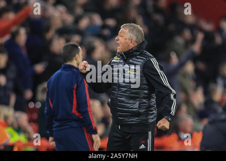 21. Oktober 2019, Bramall Lane, Sheffield, England; Premier League, Sheffield United v Arsenal: Chris Wilder Manager von Sheffield United stanzen die Luft als Sheffield United Arsenal 1-0 Credit: Mark Cosgrove/News Bilder gewinnen Stockfoto