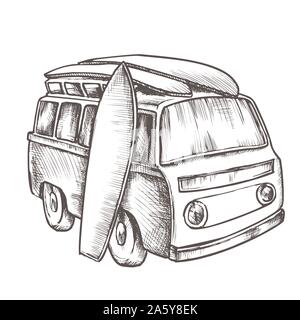 Surfbretter und Retro Surf Van monochromen Vector Stock Vektor