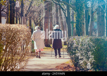 Zwei alte Damen gehen in einen Park, einen Spaziergang im Freien ist als eine sehr gesunde Aktivität für ältere Menschen Stockfoto