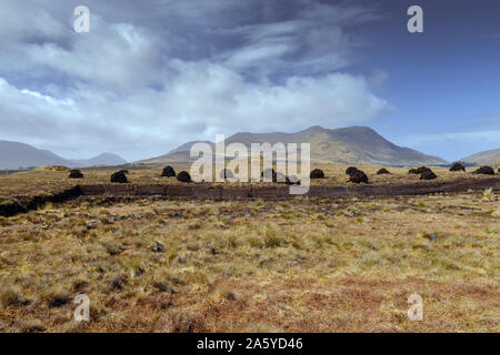 Irland Galway, 2018 - Bogland in Irland, mit Stapeln von Rasen trocknen unter der Sonne und im Winter Füle. Stockfoto