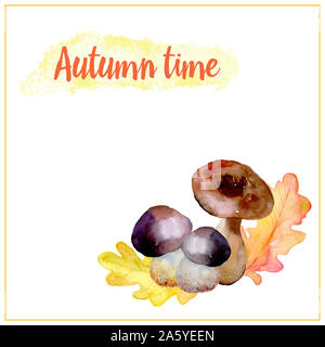 Aquarell herbst Vorlage mit Pilzen, gelbe und rote Blätter. Einladung Karte. Elemente in eckigen Form auf weißem Hintergrund. Ideal für Design Bann Stockfoto