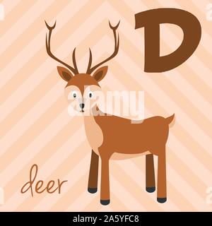 Cute cartoon Zoo illustrierte Alphabet mit lustigen Tieren: D für Rotwild. Englische Alphabet. Lernen zu lesen. Isolierte Vector Illustration. Stock Vektor