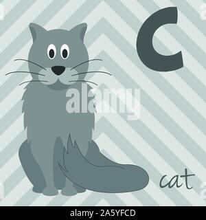 Cute cartoon Zoo illustrierte Alphabet mit lustigen Tieren: C für Kat. Englische Alphabet. Lernen zu lesen. Isolierte Vector Illustration. Stock Vektor