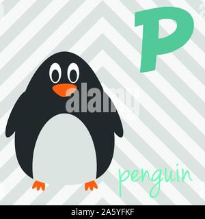 Cute cartoon Zoo illustrierte Alphabet mit lustigen Tieren: P für den Pinguin. Englische Alphabet. Lernen zu lesen. Isolierte Vector Illustration. Stock Vektor