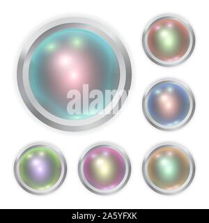 Der Vektor realistischen Farben Metallknopf mit Patch von Licht und Rahmen auf weißem Hintergrund. 3D-Darstellung. Stock Vektor