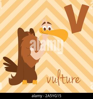 Cute cartoon Zoo illustrierte Alphabet mit lustigen Tieren: V für die Geier. Englische Alphabet. Lernen zu lesen. Isolierte Vector Illustration. Stock Vektor