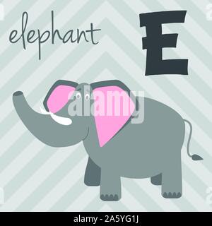 Cute cartoon Zoo illustrierte Alphabet mit lustigen Tieren: E für Elefanten. Englische Alphabet. Lernen zu lesen. Isolierte Vector Illustration. Stock Vektor