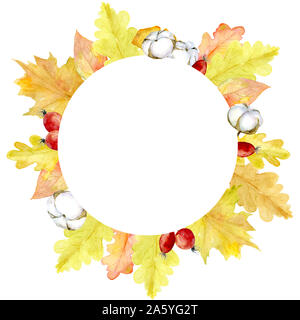 Aquarell runden Muster der Herbst orange und gelbe Blätter, Hagebutten, Samenkapseln. Einladung Karte. Elemente in der runden Form. Ideal für Design Verbot Stockfoto