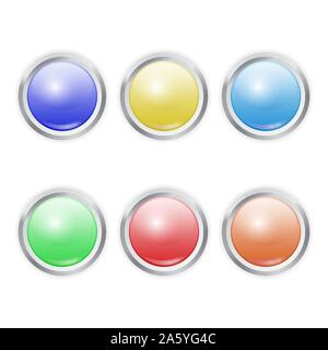 Der Vektor realistische bunten Kunststoff Knopf mit Patch von Licht auf weißem Hintergrund. 3D-Darstellung. Stock Vektor