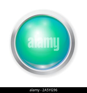 Vektor realistische Grün glänzenden Kunststoff Knopf mit Patch von Licht und Metall Elemente auf weißem Hintergrund. 3D-Darstellung. Stock Vektor