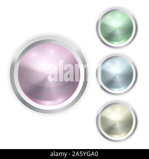 Der Vektor realistischen Farben Glas Button mit Metallrahmen, Patch von Licht auf weißem Hintergrund. 3D-Darstellung. Stock Vektor