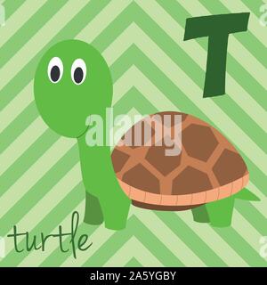 Cute cartoon Zoo illustrierte Alphabet mit lustigen Tieren: T für die Schildkröte. Englische Alphabet. Lernen zu lesen. Isolierte Vector Illustration. Stock Vektor