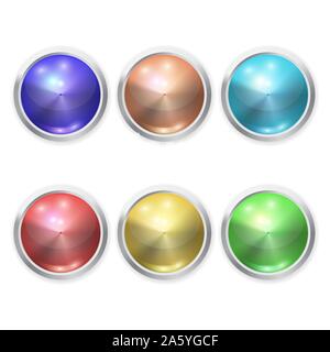 Der Vektor realistischen Farben Glas Button mit Metal Elementen und Patch von Licht auf weißem Hintergrund. 3D-Darstellung. Stock Vektor