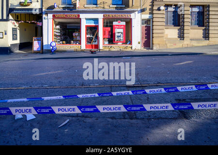 Pickering, UK. 23 Okt, 2019. Räuber in Brechen Morlands Zeitungsläden und versuchen, die Maschine zu stehlen. Credit: Richard Burdon/Alamy leben Nachrichten Stockfoto