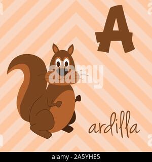 Cute cartoon Zoo illustrierte Alphabet mit lustigen Tieren. Spanische Alphabet: A für Ardilla. Lernen zu lesen. Isolierte Vector Illustration. Stock Vektor