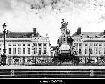 Des Märtyrers Square in Brüssel und der Pro Patria Denkmal. Schwarze und weiße leistungsstarke Szene Stockfoto