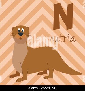 Cute cartoon Zoo illustrierte Alphabet mit lustigen Tieren. Spanische Alphabet: N für Nutria. Lernen zu lesen. Isolierte Vector Illustration. Stock Vektor