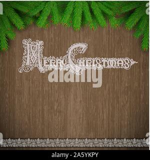 Frohe Weihnachten Schriftzug auf vintage Holz Hintergrund mit Fir Tree Branch Stock Vektor