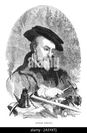 Georgius Agricola (1494-1555) Georg Bauer - Deutsche Arzt, Mineraloge und Metallurgen. Autor von "De re Metallica", Basel 1556. Gravur veröffentlicht Paris 1868 Stockfoto