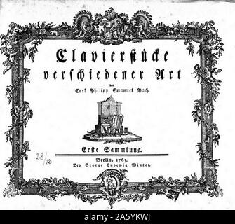 Titel von "Clavierstucke verschiedener Art" von Carl Philipp Emanuel Bach, deutscher Musiker und Komponist, dem zweiten Sohn von Johann Sebastian Bach. Stockfoto