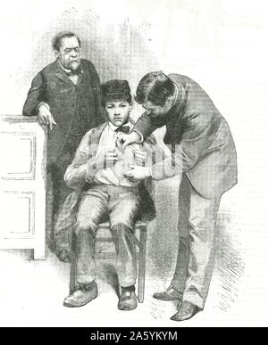 Louis Pasteur (1822-1895), französischer Chemiker, auf als seine Assistentin inoculates Joseph Meister, ein Hirtenjunge, der von einem tollwütigen Hund gebissen worden war. Gravur von "Scientific American", New York, 19. Dezember 1885. Stockfoto