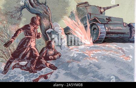 Postkarte aus Russland zeigt Anti-Panzer-Operationen gegen die vorrückende deutsche Armee ca. 1942 Stockfoto