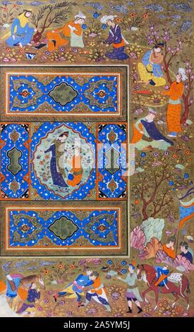 Folio aus einem persischen Manuskript Liebespaar darstellt. Isfahan, Iran, Safavid Ära, zeigt 1590-1610 (Aquarell, Tinte und Gold auf Papier) Gericht Szenen einschließlich Ringen Stockfoto