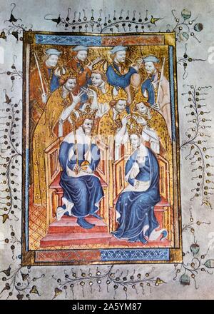 König Richard II. und Anna von Böhmen, seine Königin. Aus dem vierzehnten Jahrhundert Krönung der Service, das Liber Regalis. Das Manuskript ist gedacht für Queen Anne's Krönung 1382 geschrieben und illustriert und wurde für alle krönungen bis Queen Elizabeth I. Von der Insel Rennen, ein Jahrhundert Buch, das die Geschichte der Britischen Inseln aus der vor-Römischen Zeiten in die Viktorianische Zeit verwendet. Von Sir Winston Churchill geschrieben und gekürzte von Timothy Baker. Stockfoto