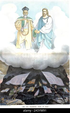 Farblitho Drucken mit dem Titel "Sind unsere Lehren dann vergeblich?" von Udo J Keppler (1872-1956) erstellt. Die Abbildung zeigt Jesus Christus und blickte auf die Konfrontation der Boxer Revolution Konfuzius. Datiert 1900 Stockfoto