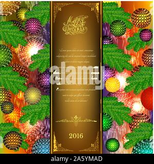 Frohe Weihnachten tri Fold mit Weihnachtskugeln und tanne elemente auf farbigen Hintergrund Stock Vektor