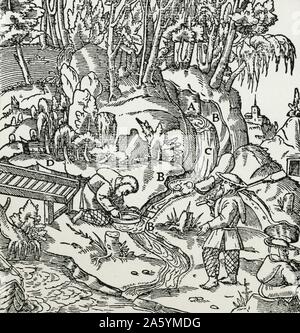 Typische Methode der alluvialen Lead Mining. Von Agricola "De re Metallica", Basel, 1556. Stockfoto