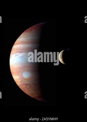 Dies ist eine Montage von Neue Horizonte Bilder von Jupiter und seine vulkanischen Mond Io, während der Sonde Jupiter Vorbeiflug Anfang 2007 übernommen. LORRI. Stockfoto