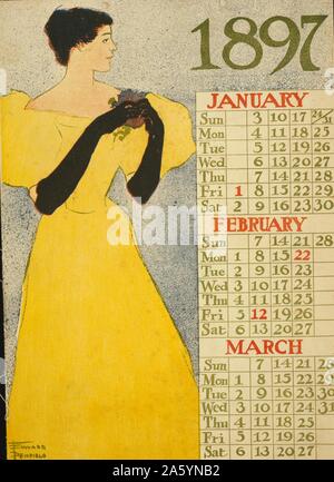 1897 Kalender für die Monate Januar, Februar und März von Edward Penfield, 1866-1925, Künstler. Veröffentlicht 1896. Poster, die erste Seite eines Kalender, zeigt Frau in Abendkleid mit Blumen. Stockfoto
