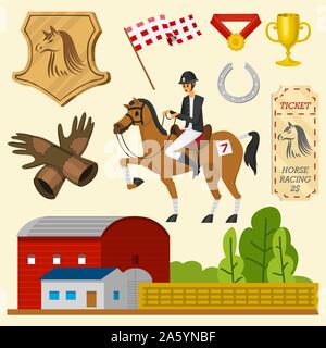 Satz von Reiten. Racing Icons für Aktivität Jockey Club. Ausrüstungen für Pferdesport Poster. Zubehör Hufeisen, Peitsche, Pferd Sattel Stock Vektor