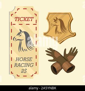 Satz von Reiten. Racing Icons für Aktivität Jockey Club. Ausrüstungen für Pferdesport Poster. Zubehör Hufeisen, Peitsche, Pferd Sattel Stock Vektor