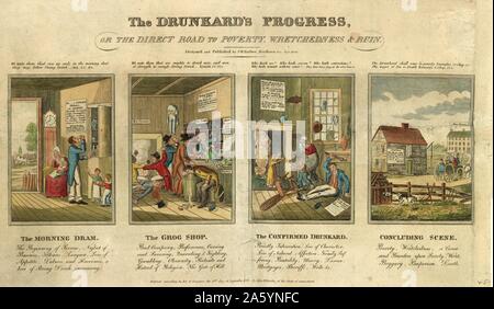 Der trunkenbold Fortschritt, oder den direkten Weg in Armut, Elend und Ruin von John Warner Friseur, 1798-1885, Stecher. Veröffentlicht: New Haven, 1826. Drucken zeigt vier Szenen der Fortschritte des Trunkenbold: Der Morgen dram (Vater trinken um 8 Uhr, ohne Frau und Kinder), die grog Shop (bar Zimmer Schlägereien, ohnmächtig, Erbrechen, und trinken Kunden), die bestätigte Trunkenbold (Vater auf dem Boden, Frau und Kinder Angst, zu Hause auseinander), und den Abschluß der Szene (Familie vertrieben, Home für Auktion). Stockfoto