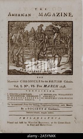 Die US-amerikanische Zeitschrift und monatliche Chronik für die britischen Kolonien Praevalebit aequior. [1758] Holzschnitt. Titelseite Illustration für die US-amerikanische Zeitschrift mit einem Franzosen und einem Engländer konkurrierenden ('Fett hat Vorrang") für die Loyalität eines nativen Mann stand zwischen ihnen, stützte sich auf ein Gewehr. Stockfoto