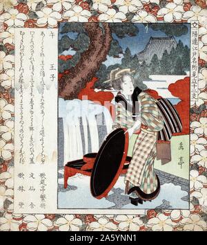 Uma oji (Übersetzung: Jahr des Pferdes: Oji.) Japanische Drucken durch Gogaku Yajima, Aktive aus dem 19. Jahrhundert, die japanische Künstlerin. Zwischen 1818 und 1830 erstellt. Drucken zeigt eine Frau, in voller Länge Porträt, stehen unter einem Baum, das Tragen von Kimonos und Geta, mit einem grossen Tablett oder Deckel, großen Topf oder Zisterne überlaufen neben dem Baum; Seite mit Blüten gemustert. Stockfoto