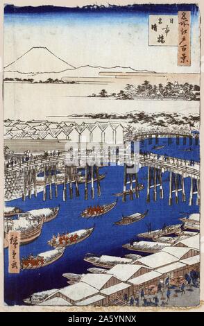 Nihonbashi yukibare Übersetzung: Nihonbashi, Clearing nach Schnee. von Hiroshige, 1797-1858, Published: 1856. Drucken zeigt mehrere Boote auf dem Fluss nähern der Nihonbashi, mit Schnee auf den Gebäuden und Geschäften entlang der Uferpromenade, und mit dem Berg Fuji in der Ferne. Stockfoto