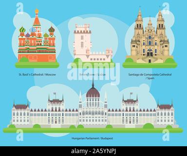Vector Illustration der Denkmäler und Sehenswürdigkeiten in Europa 2: St. Basils Kathedrale, Torre de Belém, Compostela Kathedrale und das ungarische Parlament Stock Vektor