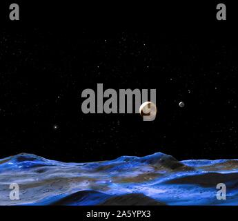 2015-Künstler-Konzept zeigt Pluto und einen Teil seiner Monde. Stockfoto