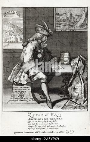 Druck zeigt Louis XIV sitzen an einem Tisch, ruht auf dem linken Ellbogen. 1705 Stockfoto