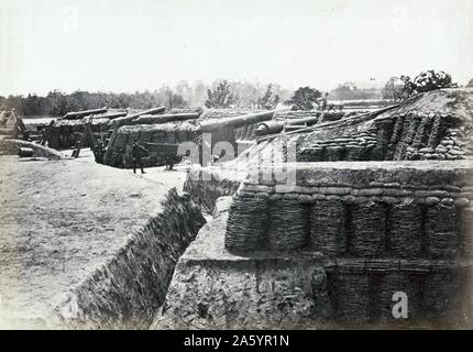 Unions-Armee Batterie bei Yorktown 1862. Die Schlacht von Yorktown oder Belagerung von Yorktown wurde vom 5. April bis 4. Mai 1862, als Teil der Halbinsel-Feldzug des amerikanischen Bürgerkriegs gekämpft. Stockfoto