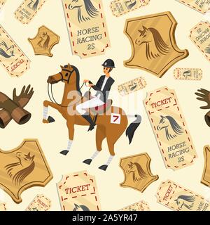 Pferderennen nahtlose Muster. Reiten. Aktivität Jockey Club. Ausrüstungen für Pferdesport Poster. Zubehör Hufeisen, Peitsche, Pferd Stock Vektor