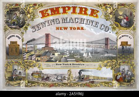 Farbe-Lithographie von Werbe-Imperium Sewing Machine Co. Der Druck zeigt Ansichten von New York und Brooklyn-Hängebrücke, Nähmaschinen, Menschen von hand Nähen und verschiedene Modi des Transportes. Vom 1870 Stockfoto